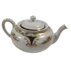 Noritake Hand Painted Porcelain Teapot Gold Floral Black Accent Japan Vintage